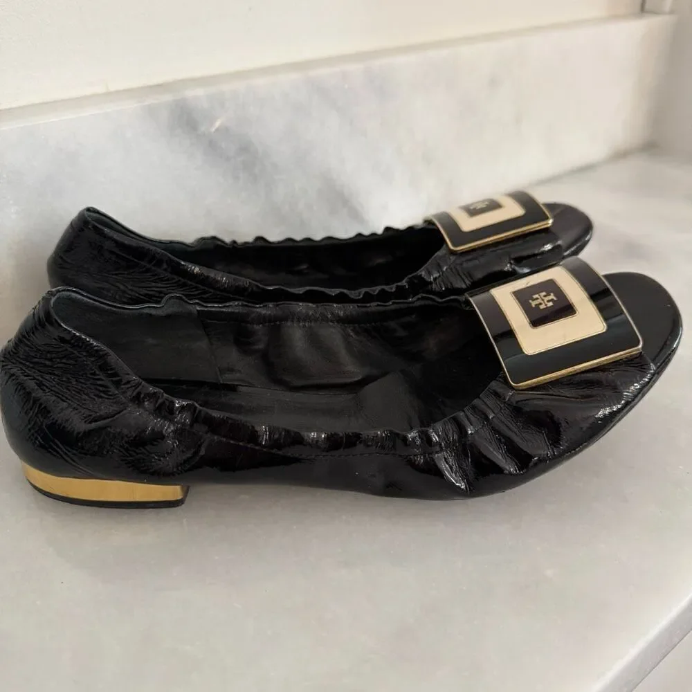 Tory Burch Leather Logo Square Peep Toe Slip-on Ballet Flats Black Size 7.5